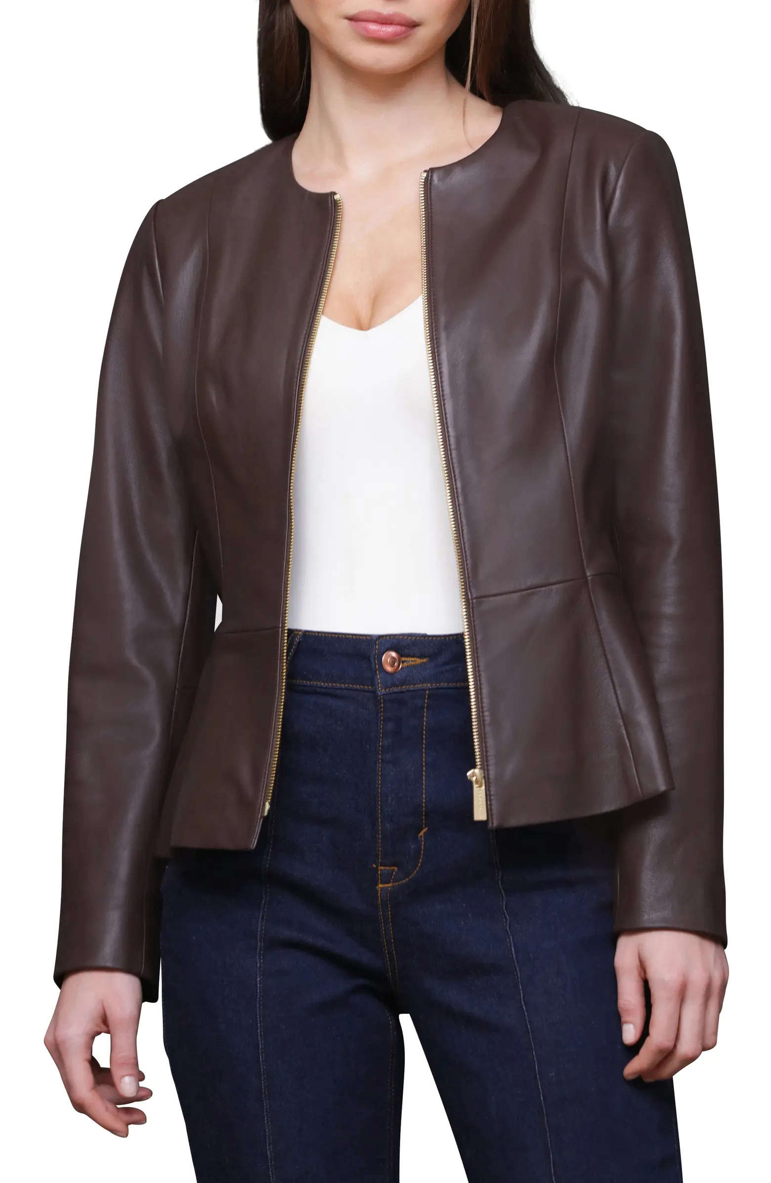 Genuine Leather Zip Front Peplum Jacket | Nordstrom