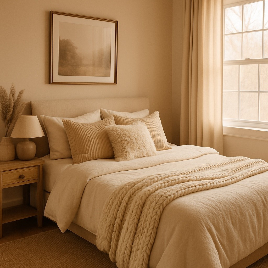 A warm and cozy neutral bedroom filled with soft textures, layered bedding, and calming minimal décor.
Perfect inspiration for anyone who loves beige interiors, comfort, and a clean modern aesthetic.
Soft pillows, chunky throws, natural wood accents — everything to make your space feel peaceful and luxurious. 🤍

#cozybedroom #neutralbedroom #bedroomdecor #bedroominspo #cozystyle #warmneutrals #minimalistbedroom #homedecorideas #interiortrends #aestheticbedroom #neutralhome #interiordesigninspo #bedroomgoals