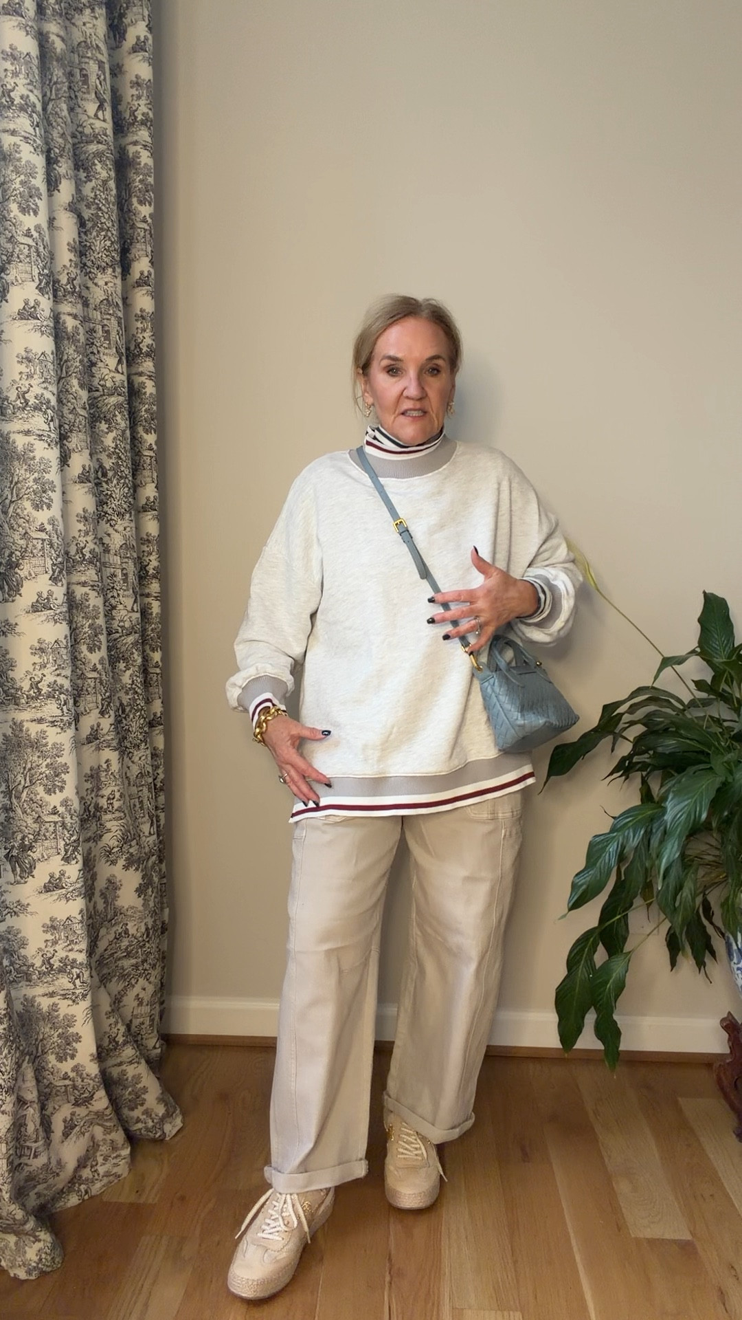 Wearing my regular size. You can size down in the pants if you don’t want them so oversized. Striped turtleneck runs very fitted. Code NANETTE15 15% off one order per customer 
I love social threads boutique. Woman owned and run and been in business for years  

#LTKOver40 #LTKPetite #LTKFindsUnder100