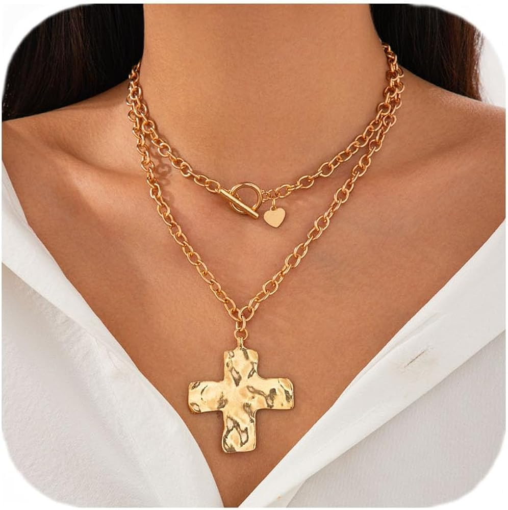 Angyape Chunky Cross Necklace for Women, Statement Hammered Bold Cross Necklace Non Tarnish Paper... | Amazon (US)