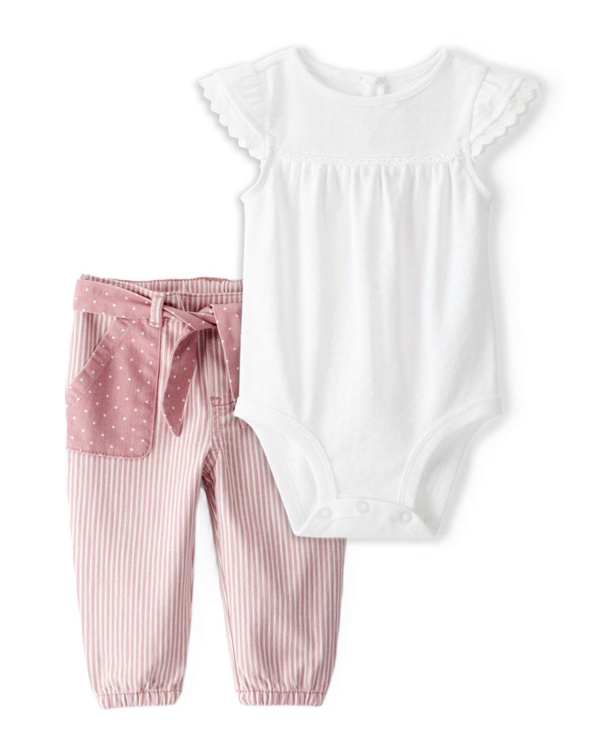 Baby Girl 2-Piece Pointelle Bodysuit & Vintage Hickory Pants Set - White/Pink | Carter's Inc