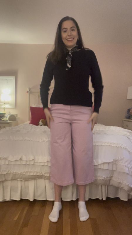 Purple pants, casual Friday, spring outfit, casual spring outfit, workwear, casual Friday outfit, silk scarf, culottes, pink pants, colored pants, office style, office outfit, business casual, navy sweater, navy crew neck, white leather sneakers, white tennis shoes, wide leg pants, wide leg cropped pants

#LTKstyletip #LTKSeasonal #LTKVideo