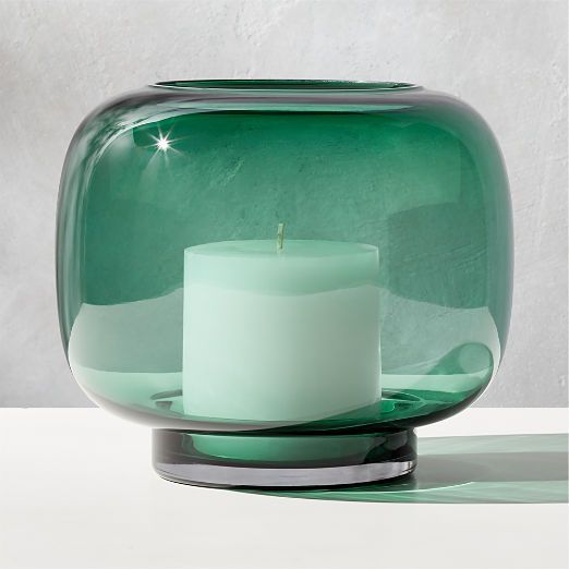 Coco Round Forest Green Modern Glass Hurricane Candle Holder Large + Reviews | CB2 | CB2