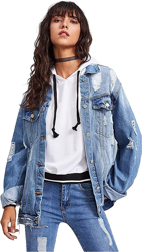 Floerns Women's Ripped Distressed Casual Long Sleeve Denim Jacket | Amazon (US)