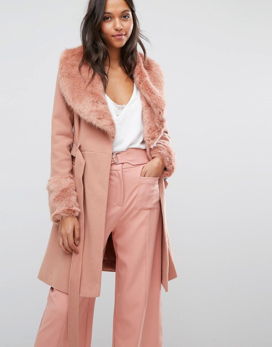 Miss Selfridge Faux Fur Cuff Fit & Flare Coat | ASOS UK