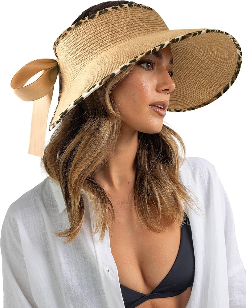 Camptrace Sun Visors for Women Wide Brim Beach Hat UPF 50+ Roll-up Straw Sun Hat Ponytail Summer ... | Amazon (US)