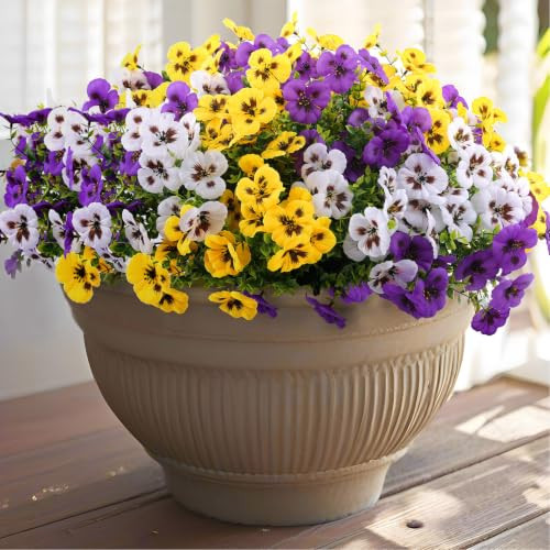 Rowfad 36 Pcs Artificial Fake Pansy Flowers for Outdoor, Faux Silk Pansies Spring Flowers for Outside for Planter Front Door Porch Yard Patio Window Box Home Decor (36, Purple, Yellow, White) | Amazon (US)