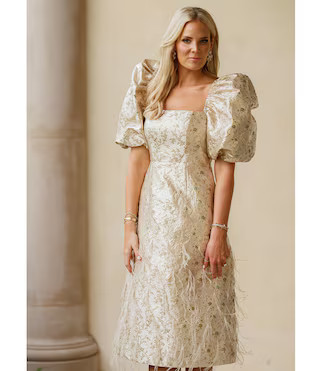 x Nicola Bathie Claire Metallic Floral Jacquard Print Square Neck Short Puffed Sleeve Feathered S... | Dillard's