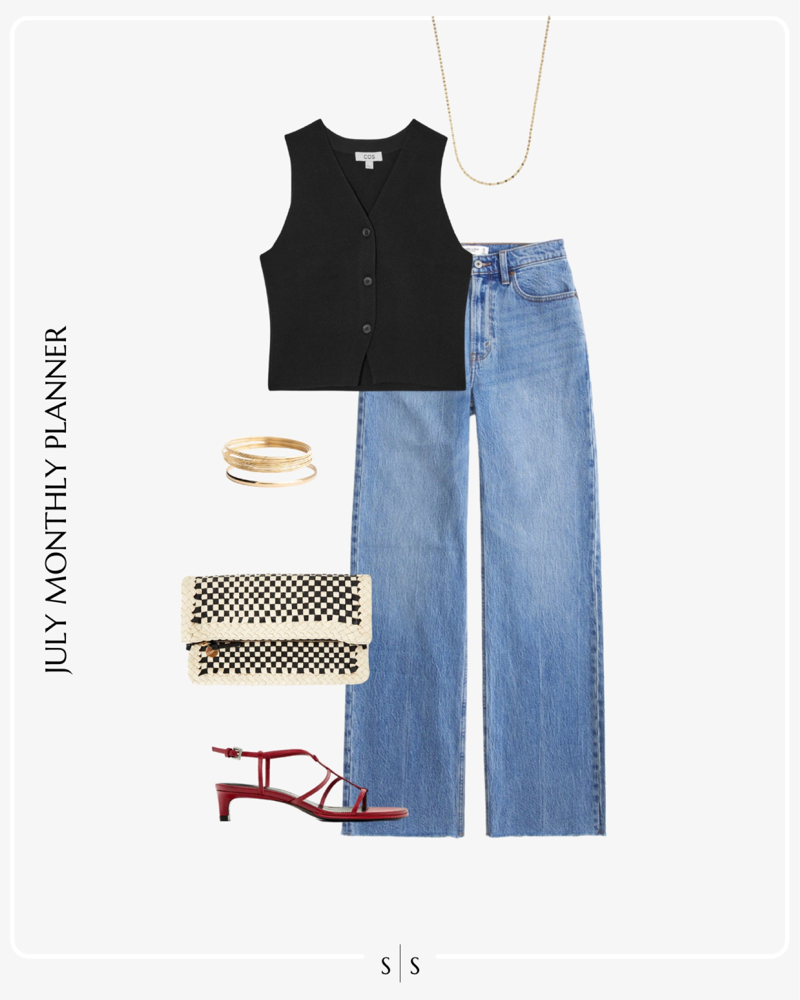 Monthly outfit planner JULY: Summer looks | vest, straight jeans, red sandals, straw envelope clutch 

See the entire calendar on thesarahstories.com ✨ 


#LTKStyleTip