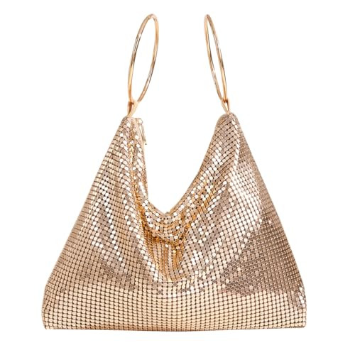 Shimmering Metal Mesh Evening Bag Knotted Shoulder Strap Women Evening Shiny Hobo Metallic Purse (Style C Golden) | Amazon (US)