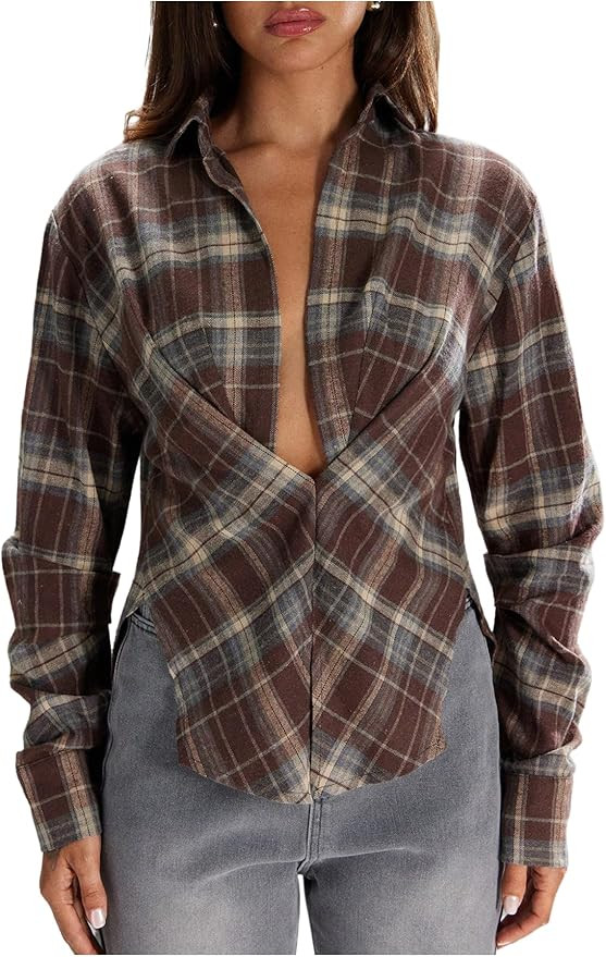 GORGLITTER Women's Plaid Cinched Waist Tops Collared Long Sleeve Shirt Fitted Checkered V Neck Ca... | Amazon (US)