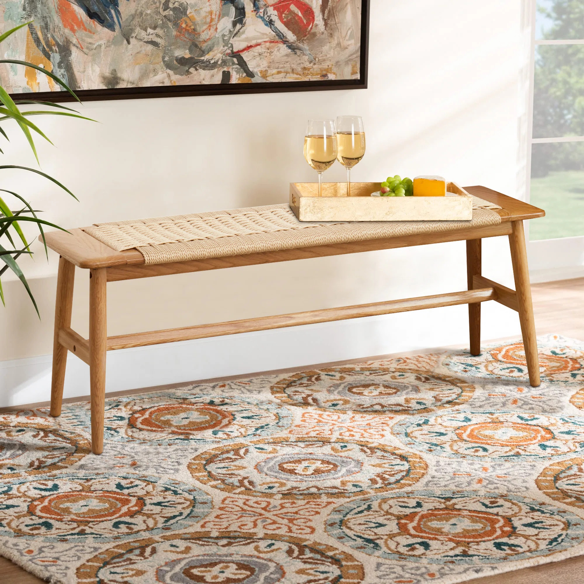 George Oliver Ersela 32" Rustic Farmhouse Wood Bench, Rattan Natural Oak Accent Bench, Classic Di... | Wayfair North America