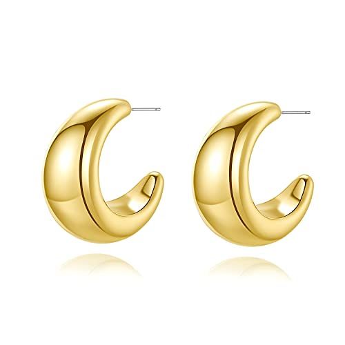 N/C Women 18K Gold Filled Hypoallergenic Chunky Hoop Sterling Silver Brass Earrings with Stud Hal... | Amazon (US)