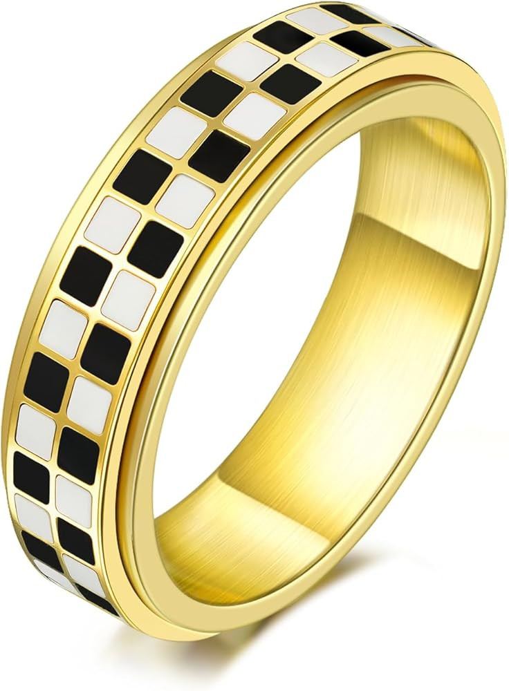 18K Gold Plated Checkered Fidget Ring for Adults, Stainless Steel Rotating Spinner Jewelry, Anxie... | Amazon (US)