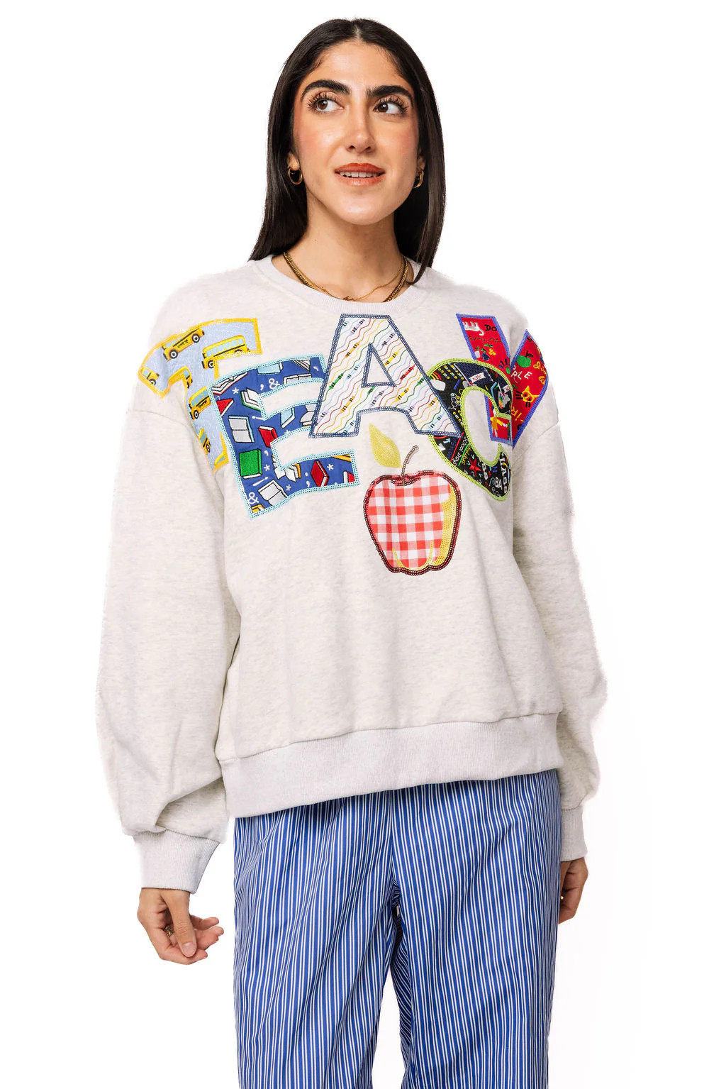 Grey Multi Fabric 'Teach' Apple Sweatshirt | Queen of Sparkles