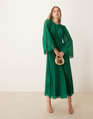 ASOS DESIGN tie back fluted sleeve pleated chevron chiffon midi dress in green | ASOS (Global)