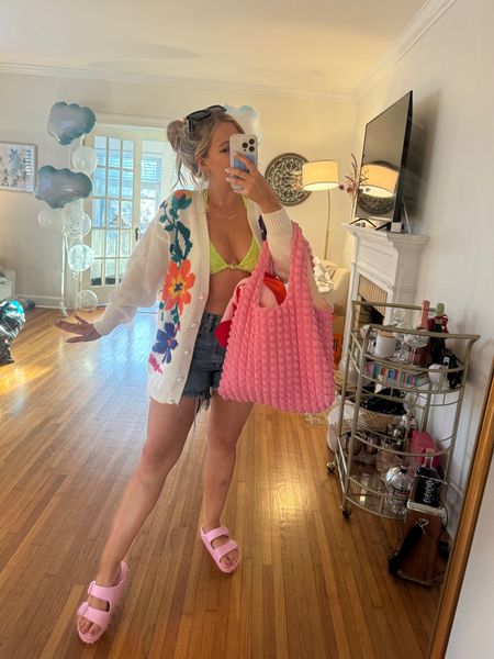Beach day outfit — pink details and neon bikini with thrifted cardigan sweater over top! pink Birkenstocks were a bday gift and they are perfect for beach days and WATERPROOF!!

#LTKstyletip #LTKfindsunder50 #LTKshoecrush