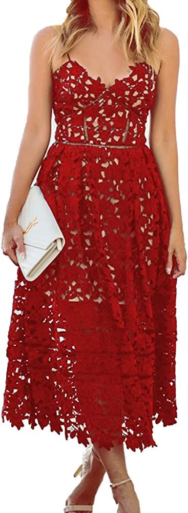 AlvaQ Womens V Neck Spaghetti Strap Lace Dress Sleeveless Sexy Backless Party Dresses with Pocket | Amazon (US)