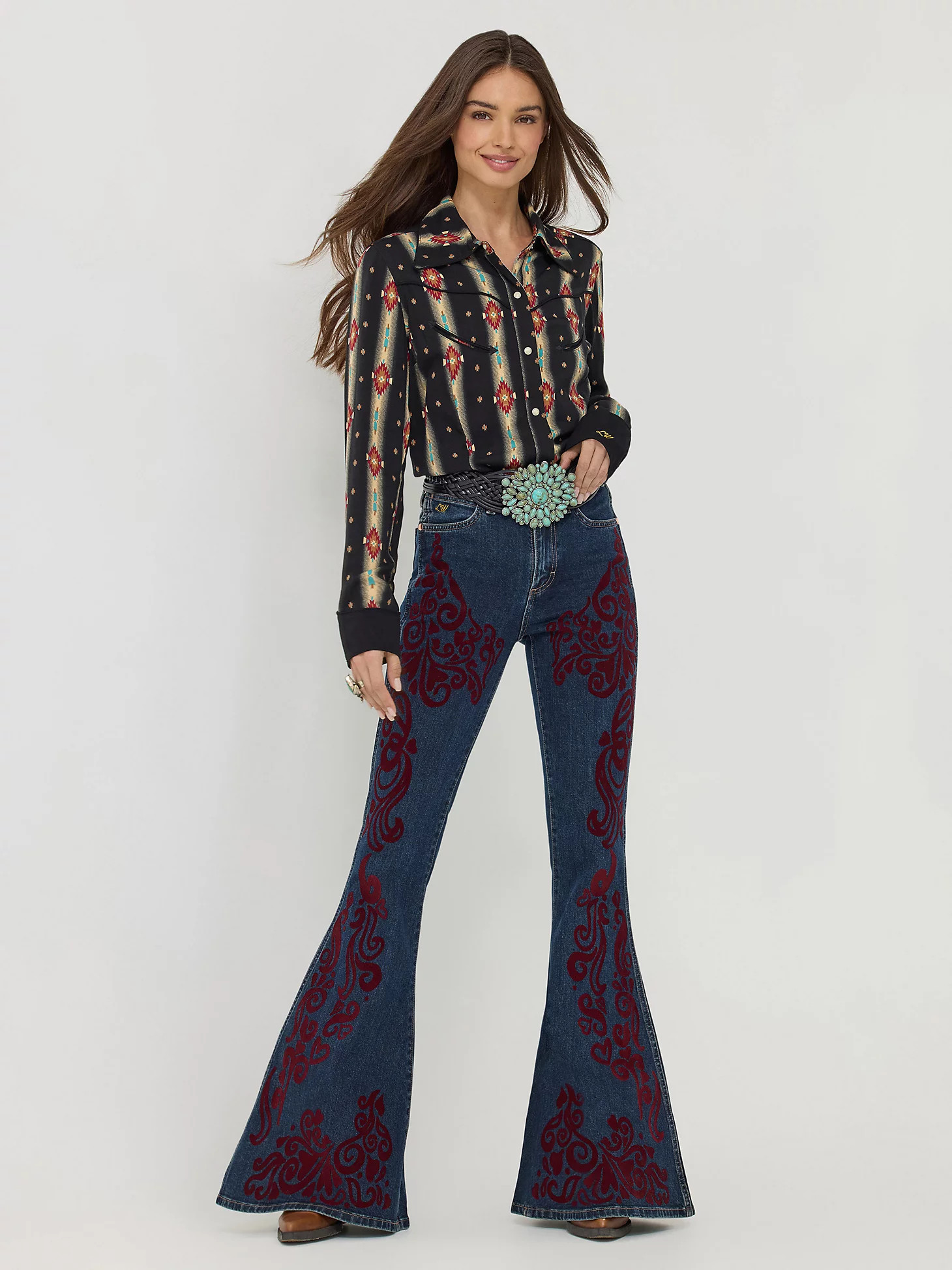 Wrangler Lainey Wilson Flocked Bell Bottoms:Maroon Dark:27:32 | Wrangler