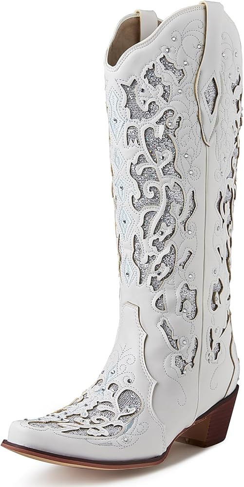 Tscoyuki Women's Rhinestones Western Knee High Boots, Embroidery Pointed Toe Chunky Block Heel Co... | Amazon (US)