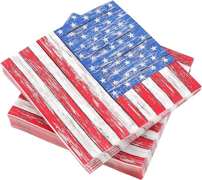 Whaline 80 Pack 4th of July Paper Napkins 6.5 x 6.5 Inch Stars and Stripes Cocktail Napkins Rusti... | Amazon (US)