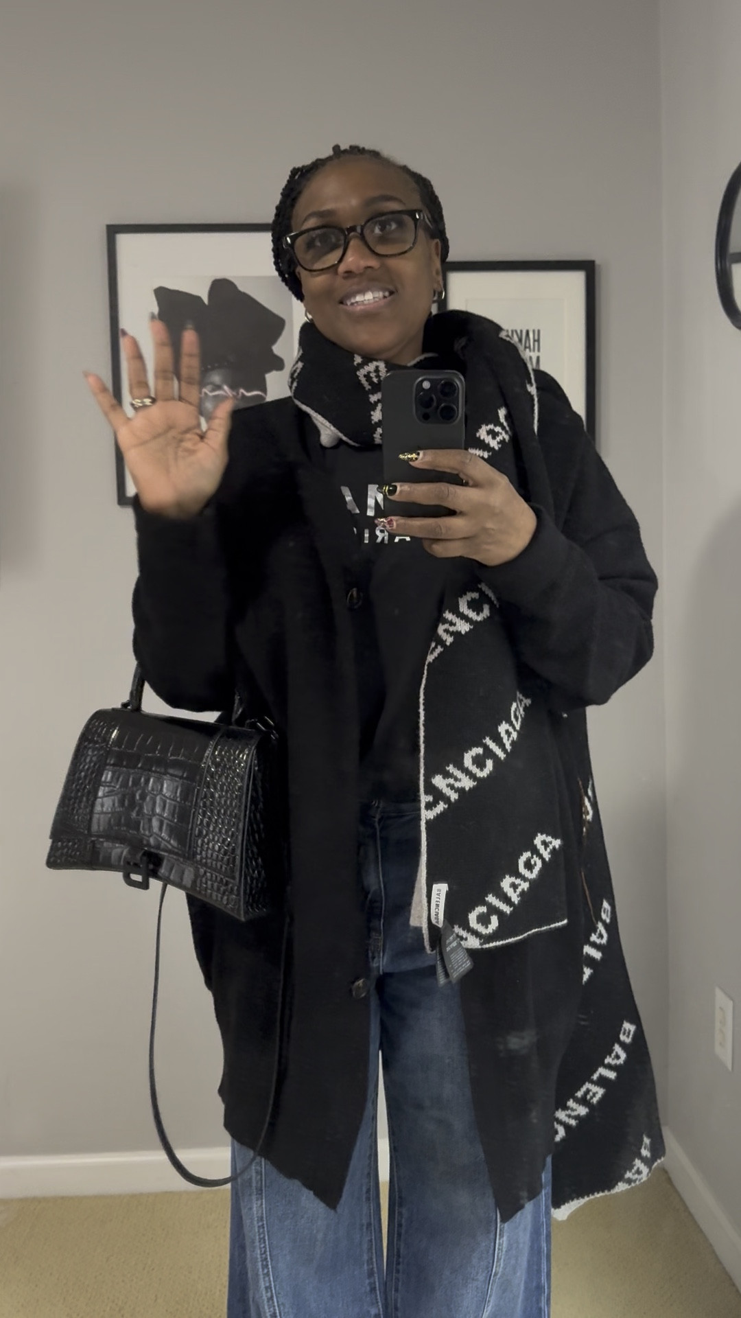 Infusion Day Fashion: Inspired to infuse luxury with laid-back vibes. No autoimmune disease is stopping my fashion in this Balmain black and silver tee, Balenciaga scarf and Hourglass bag, baggy wide-leg jeans, and black & white Sambas. Effortless layers of glam and comfort. 💎✨ #InfusionOfStyle #LaidBackLuxury #BalmainxBalenciaga

#LTKItBag #LTKStyleTip #LTKOver40