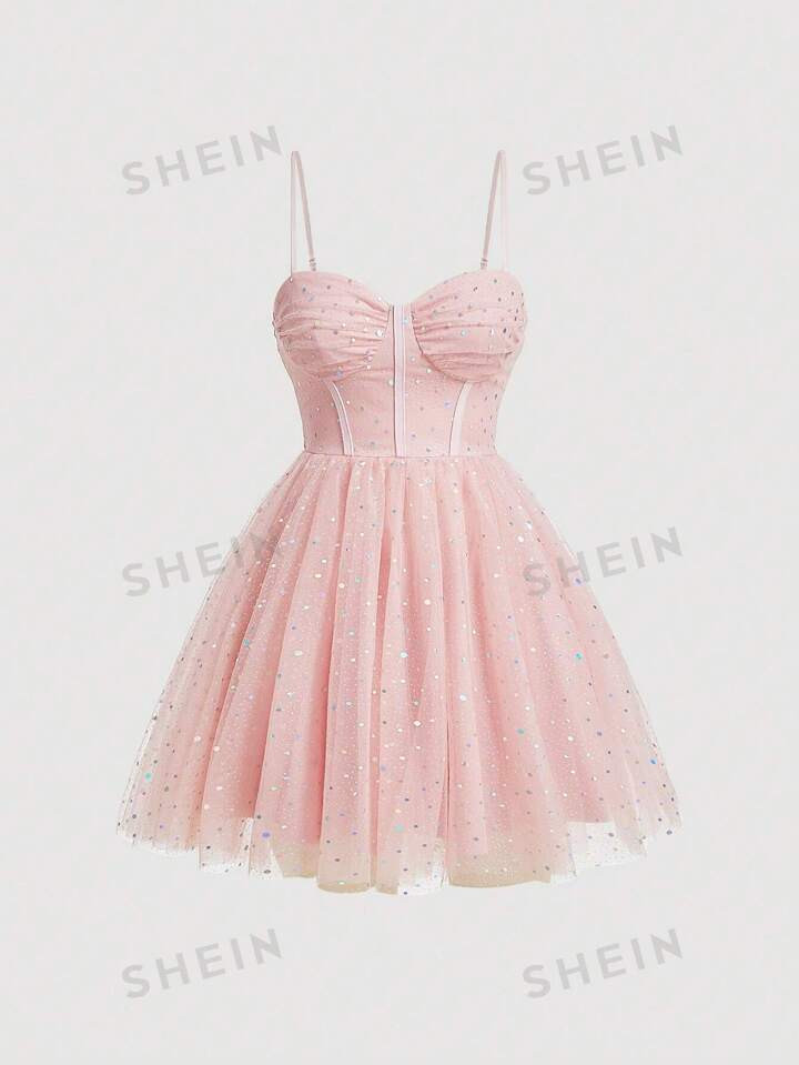 SHEIN MOD Women's Plus Size Patchwork Mesh Sequin Corset Cami Date Night Dress | SHEIN