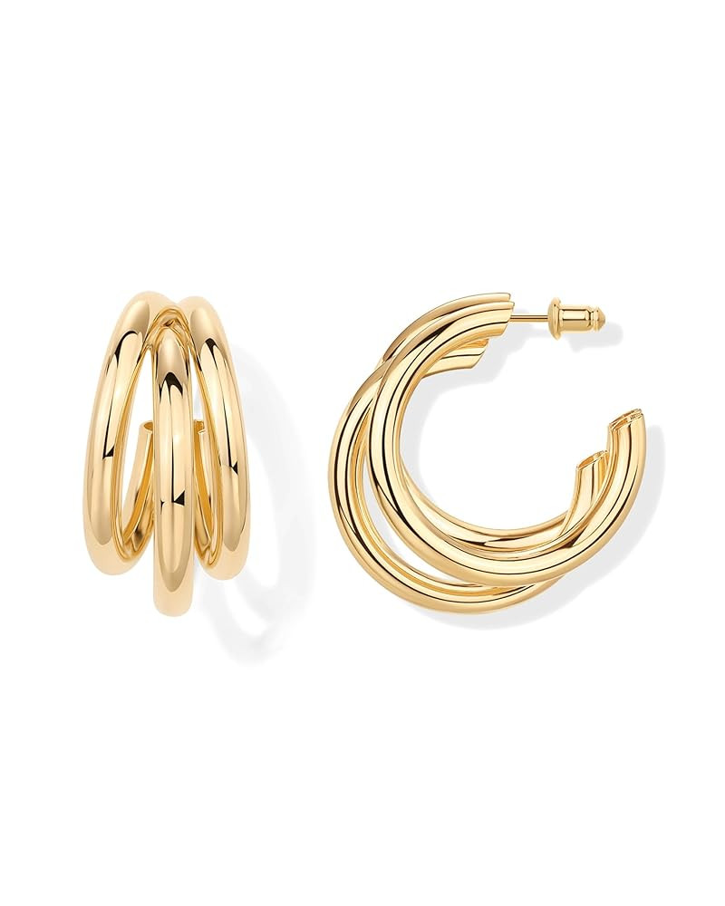 PAVOI 14K Gold Plated Chunky Multi Hoop Earrings for Women | Hypoallergenic Trendy Triple Split L... | Amazon (US)