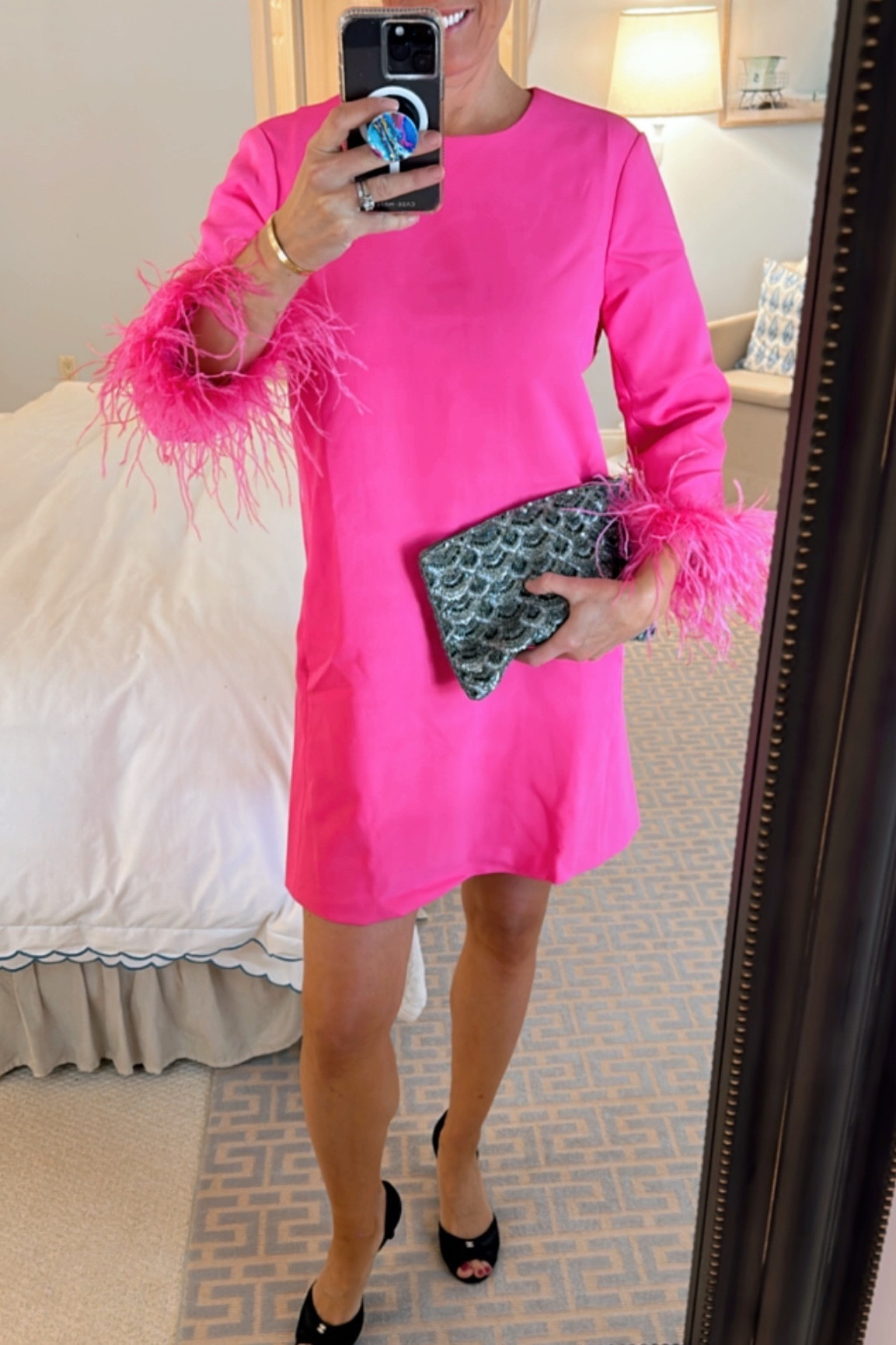 strapless open back dress Perrin Fuchsia Pink Feather High Slit Dress Gown