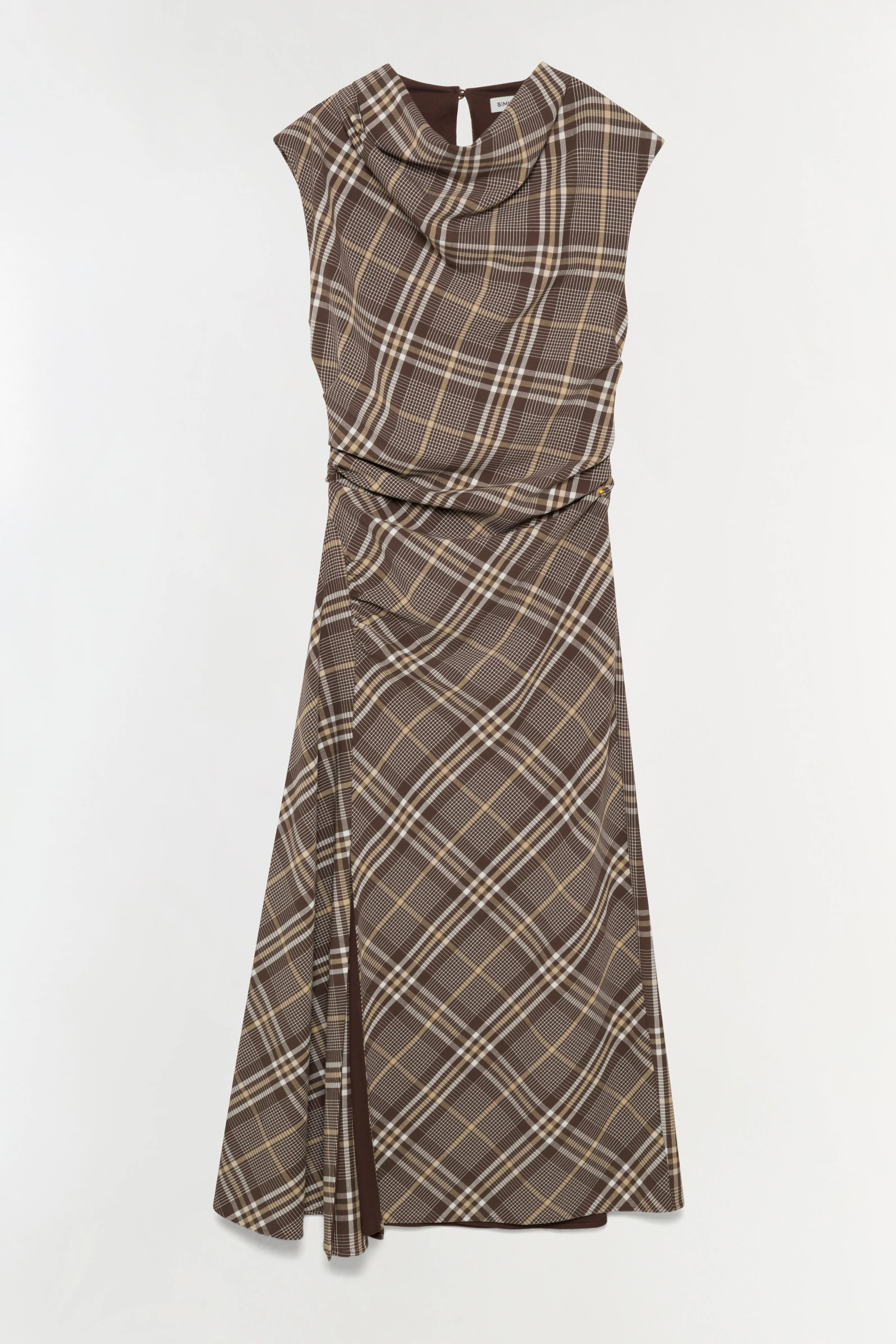 SIMKHAI Women's Burke Draped Midi Dress in Chocolate Plaid, Size 2 | Simkhai
