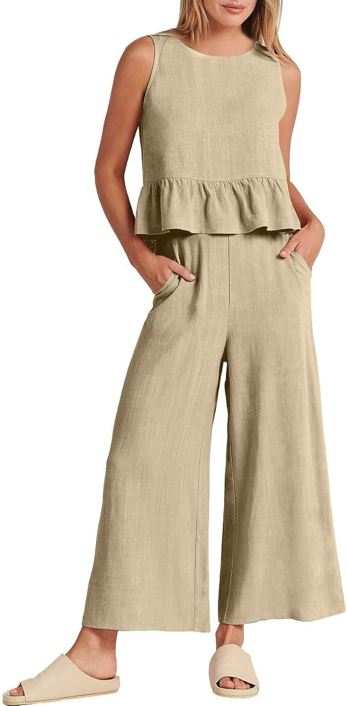 Women's 2 Piece Linen Outfits Casual Flowy Loose Fit Tank Tops Summer Wide Leg Pants Vacation Lou... | Amazon (US)