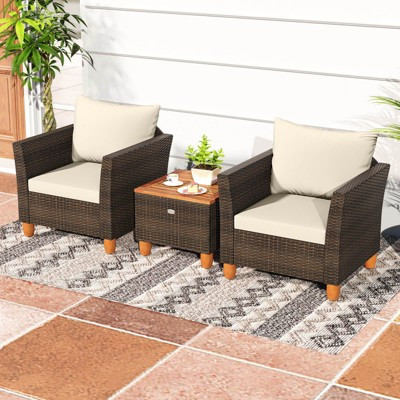 Costway 3 PCS Outdoor Patio Rattan Bistro Furniture Set Wooden Table Top Cushioned Sofa Beige | Target