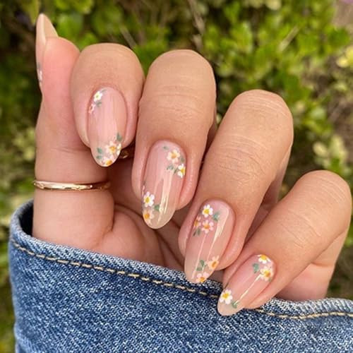 OHWODA Pink Spring Press on Nails Almond Shape Fake Nails with Small Flower Designs Daisy Floral Artificial Nails Medium Length Spring Summer Glue on Nails Flowers Stick on Nails for Women, 24Pcs | Amazon (US)