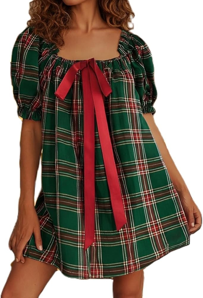 SOLILOQUY Women Gingham Mini Dress Christmas Bow Tie Front Square Neck Short Puff Sleeve Babydoll... | Amazon (US)