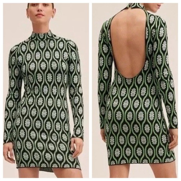 Mango MNG Retro Floral Daisy Boho Dress Open Back Mini Mock Neck Long Sleeve Sz4 | Poshmark