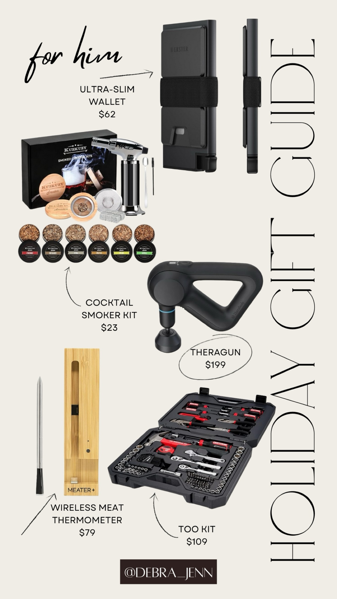 The perfect Christmas gifts for him. From an ultra-slim wallet that holds everything he needs without creating a big lump in his back pocket (those fat wallets are seriously bad for your back because of the way you sit on them), to a cocktail smoker kit, a theragun (I’ve never met a man who didn’t love these!), a wireless meat thermometer that connects to an app on your phone so you know exactly when your meat has reached the perfect internal temperature (time for perfect steaks and no more burnt roasts!), and a tool kit that my dad approved of (he’s very picky with tools lol), these gifts are perfect for your husband, boyfriend, dad, or brother 🥳🎄 

#LTKCyberWeek #LTKHoliday #LTKGiftGuide