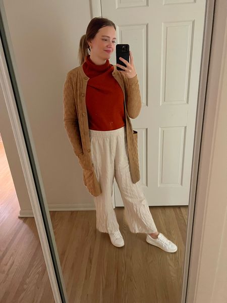 OOTD! wearing an XS in the tops, L in the bottom & 6.5 in shoes! all are TTS

wfh outfit, work from home, coastal grandmother, ootd, linen pants, orange turtleneck, brown cardigan, fall outfit, ootd

#LTKSeasonal #LTKworkwear #LTKunder50