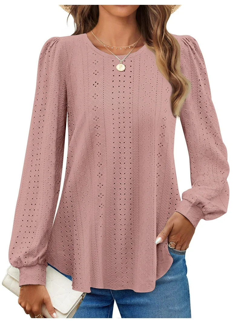 Fantaslook Eyelet Blouses for Women Dressy Casual Long Sleeve Shirts Crew Neck Fall Trendy Tops | Walmart (US)