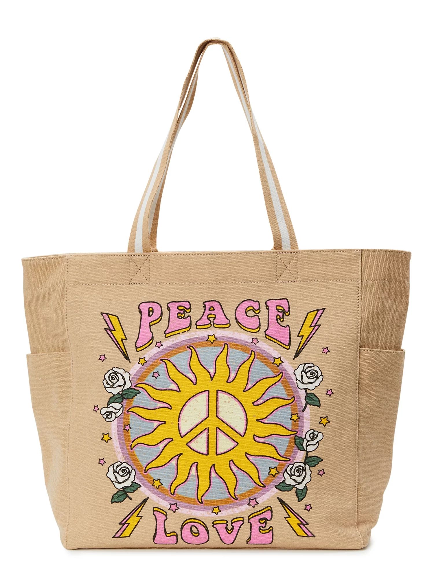 Women's Canvas Tote Handbag - Peace Love, Cafe Au Lait - Walmart.com | Walmart (US)