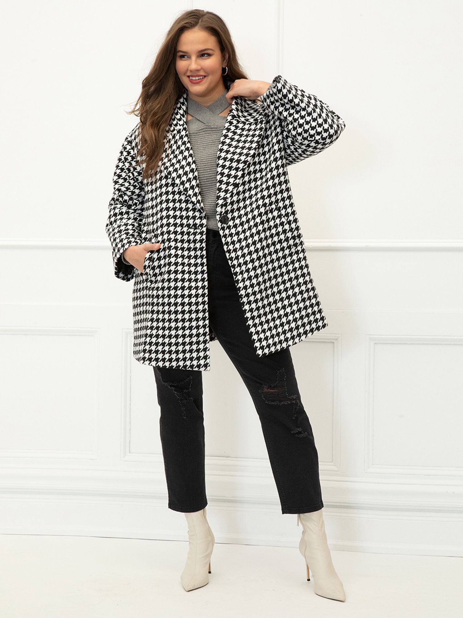 ELOQUII Elements Plus Size Houndstooth Coat - Walmart.com | Walmart (US)