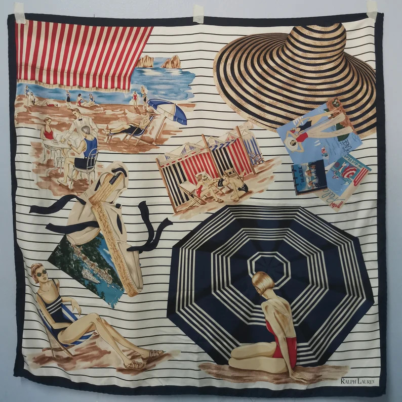 Ralph Lauren Rare Vintage Silk Scarf Women sunbathing on Beach Hat Umbrella  Bikini Fashion Free ... | Etsy (US)