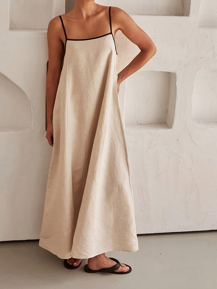 SHEIN VCAY Women Vacation Casual Color-Block Border Detailing Loose Fit Strappy Dress | SHEIN