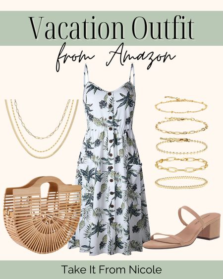 Vacation outfit from Amazon! Items include a palm dress, gold bracelets, gold necklace, a beach purse and nude sandals!

#LTKFind #LTKunder100 #LTKstyletip