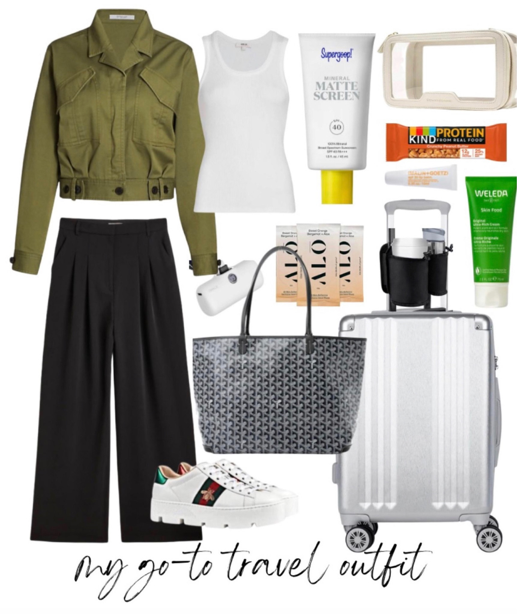 Travel outfit 
Travel essentials 
Suitcase
Gucci sneakers 
SPF
Black pants 
#ltktravel
#ltku
#ltkunder50
#ltkunder100
#lykstyletip 


#LTKSeasonal #LTKshoecrush #LTKFind