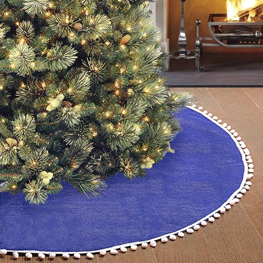 SevenFish Large Christmas Tree Skirt 48 inch Blue Soft Double-Layer Burlap Tree Skirt with Pom Po... | Amazon (US)