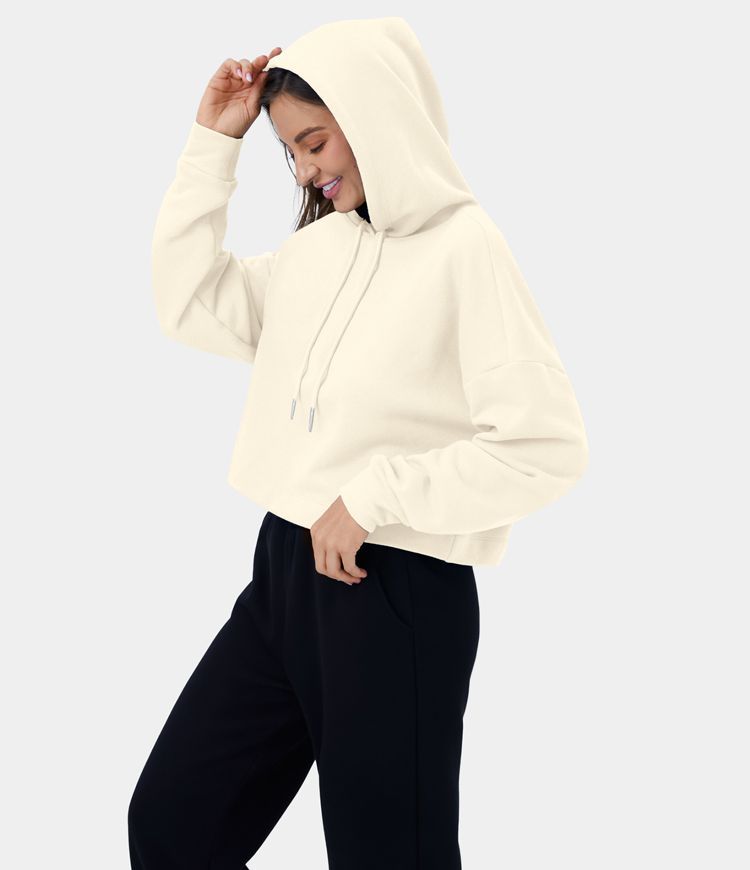 Hooded Dropped Shoulder Drawstring Cropped Fleece Casual Cotton Hoodie Sweatshirt | HALARA