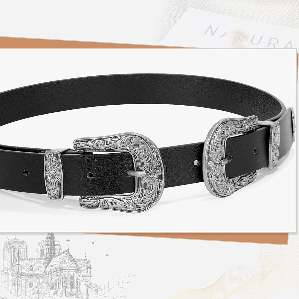 WHIPPY Vintage Western Leather Belt for Women Double Buckle Retro Cowgirl Waist Belts for Jeans P... | Amazon (US)