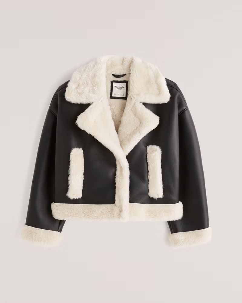 Oversized Short Sherpa-Lined Vegan Leather Coat | Abercrombie & Fitch (UK)
