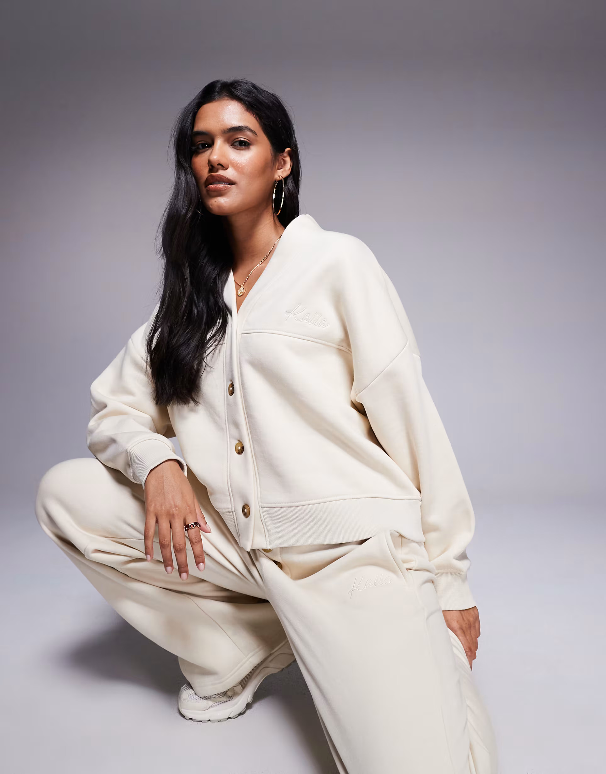 Kaiia embroidered logo button down seam detail sweat cardigan co-ord in beige | ASOS (Global)