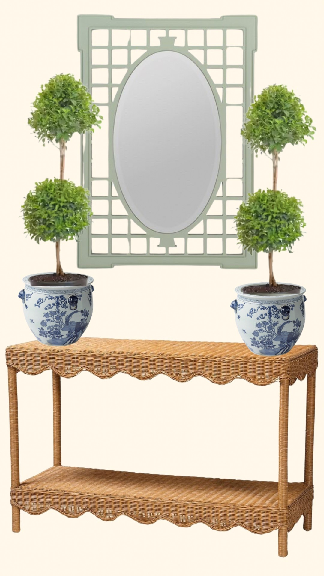 Outdoor living decor - natural rattan console, blue and white planters and a charming trellis mirror. I have the mirror and am planning on ordering the console table for my covered back porch!

#LTKHome #LTKSaleAlert #LTKSummerEdit